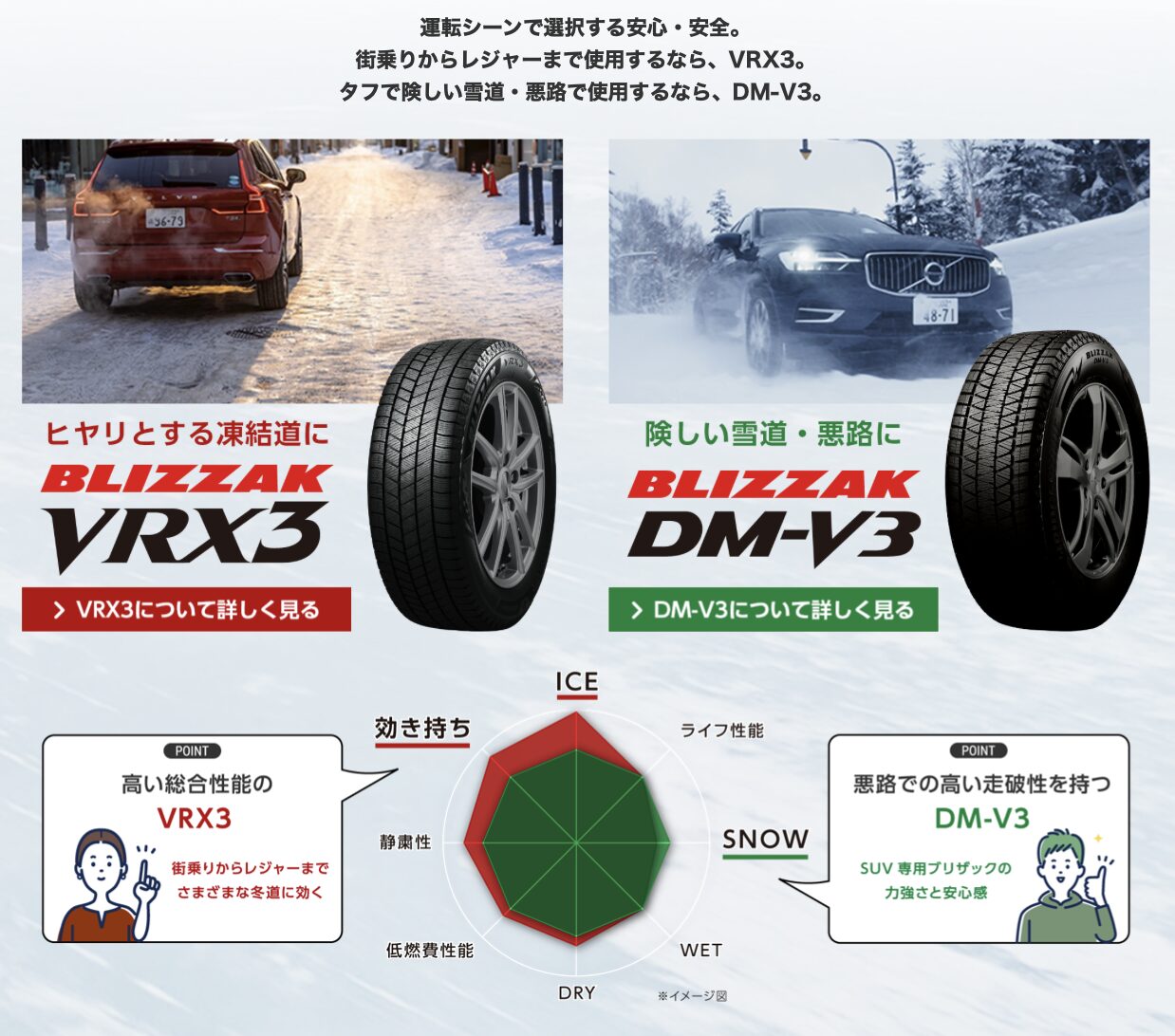 アイスかスノーか】ブリザックVRX3(WZ-1)かDM-V3どちらを選ぶべきか 